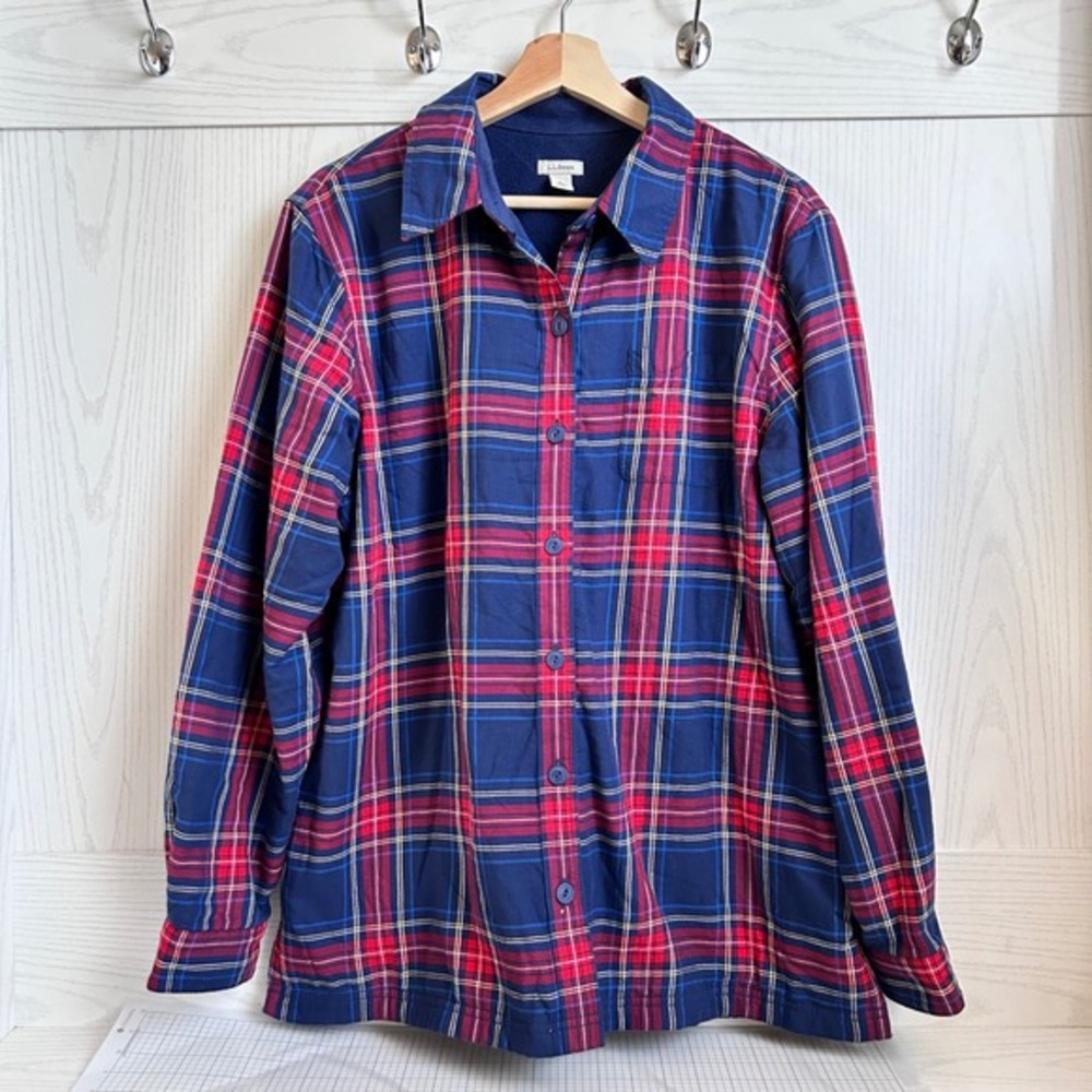 LL Bean Women Red Blue Plaid Flannel Fleece Lined Shirt Jacket Size Large‎ Gorp